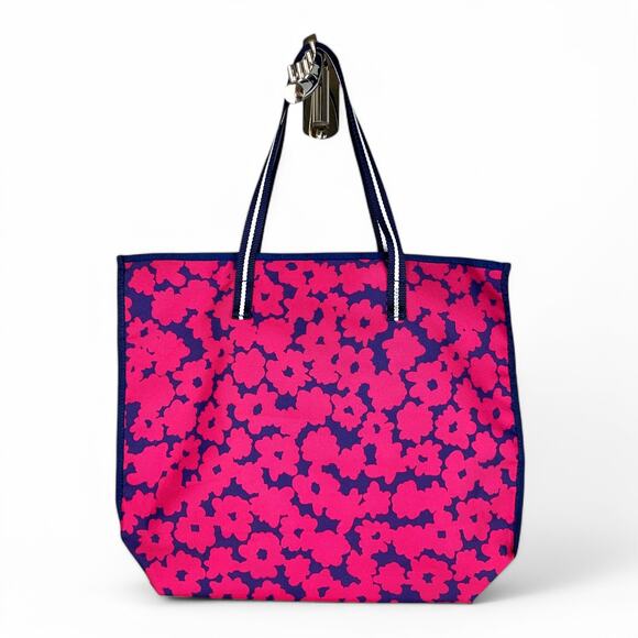 Estee Lauder Floral Tote Beach Bag Fuchsia Navy Large - Picture 3 of 6